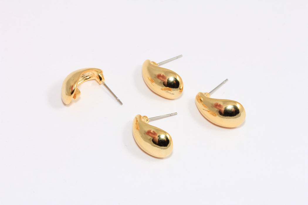 24k Shiny Gold Drop Earrings, Teardrop Stud Earrings, Puffed Drop Earrings, HRN63-1
