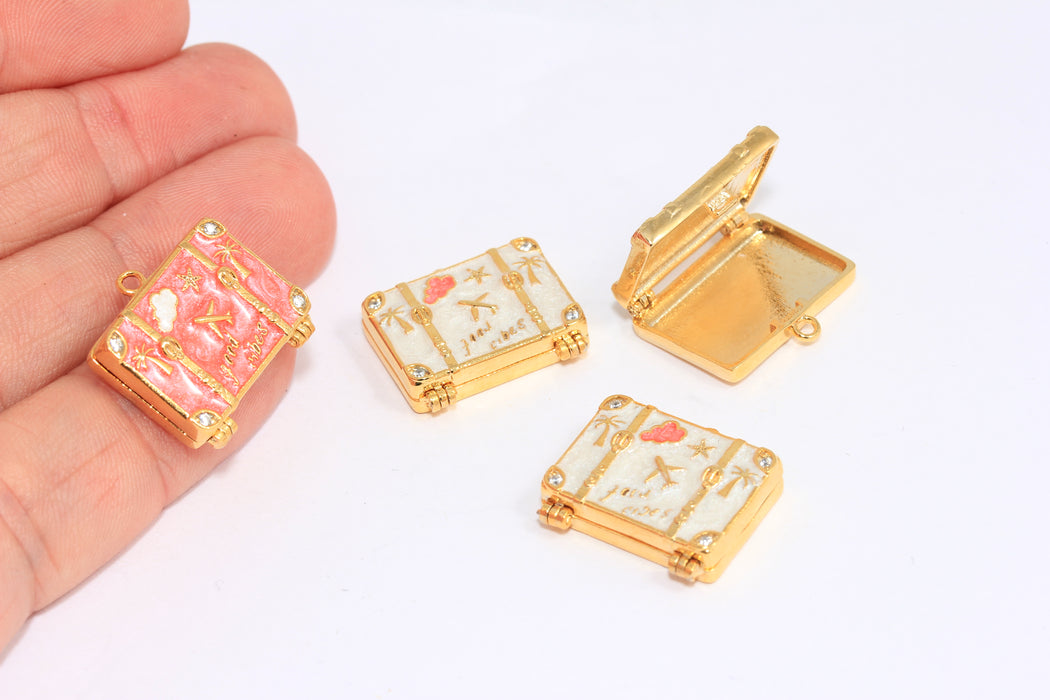 24k Shiny Gold CZ Travel Bag Charms, Enamel Travel Bag Beads, CZ Suitcase Charms, Traveler Lover Necklace, ROSE513