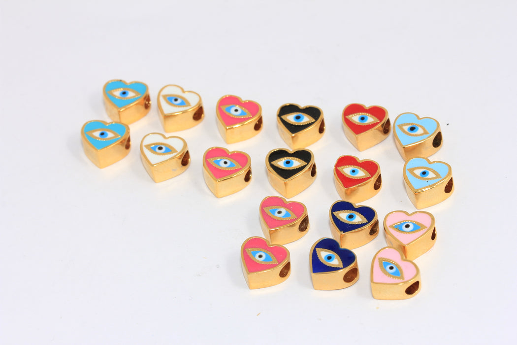 5x9mm 24k Shiny Gold Heart Charms, Optional Enamel Color Heart Beads, Evil Eye Beads,