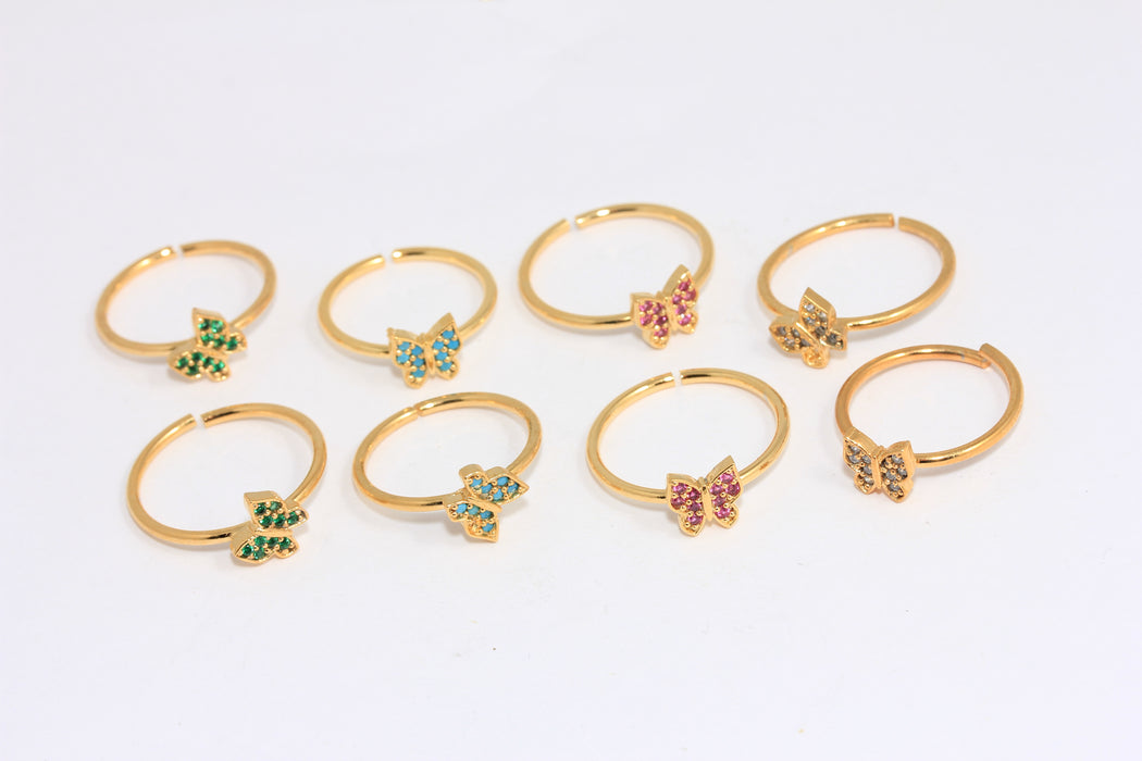 19mm 24k Shiny Gold Ring, Micro Pave Butterfly Rings, CZ Optional Stone Color Rings, CZ Stacking Butterfly Rings,