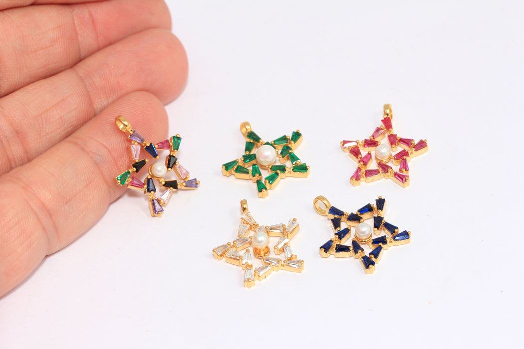 18x21mm 24k Shiny Gold CZ Star Charms, Baguette Stone Star Charms, Pearl Star Beads, CZ Optional Stone Color Star Pendant,