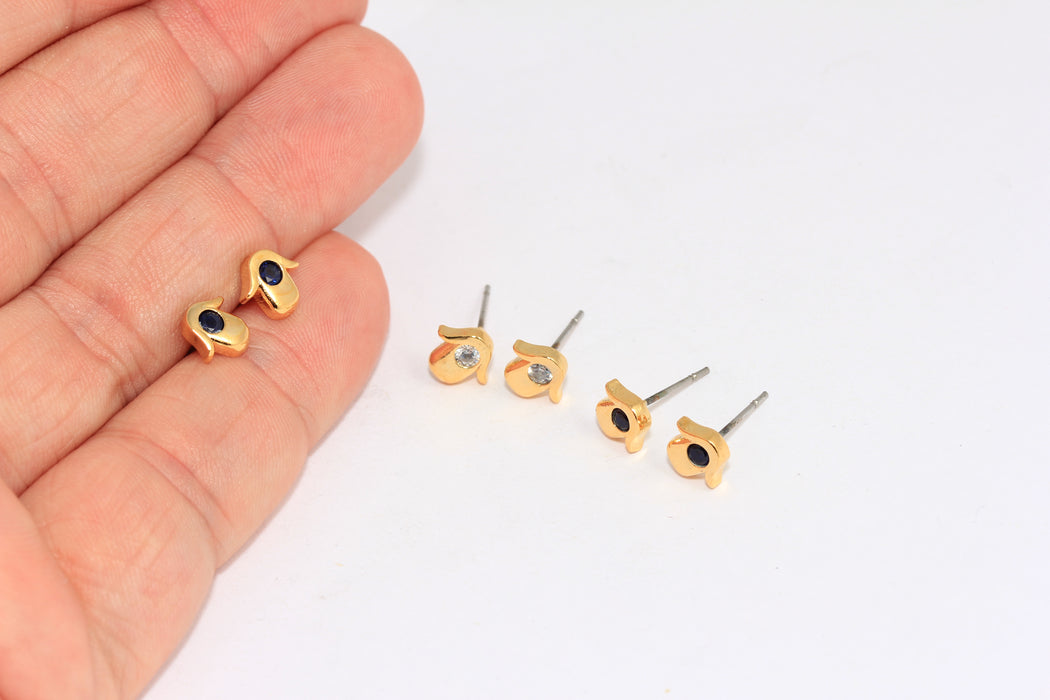 7x9mm Shiny Gold Hamsa Earrings, Micro Pave Hamsa Studs, CZ Optional Stone Color Earrings,