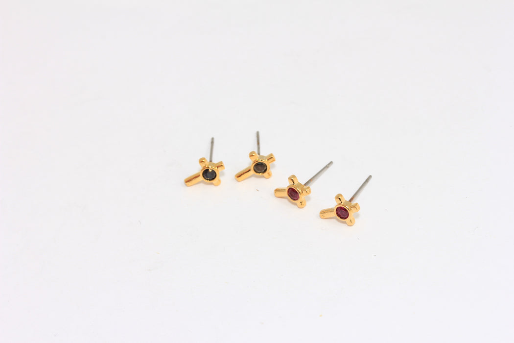 CZ Cross Stud Earrings, CZ Optional Stone Color Ear Studs
