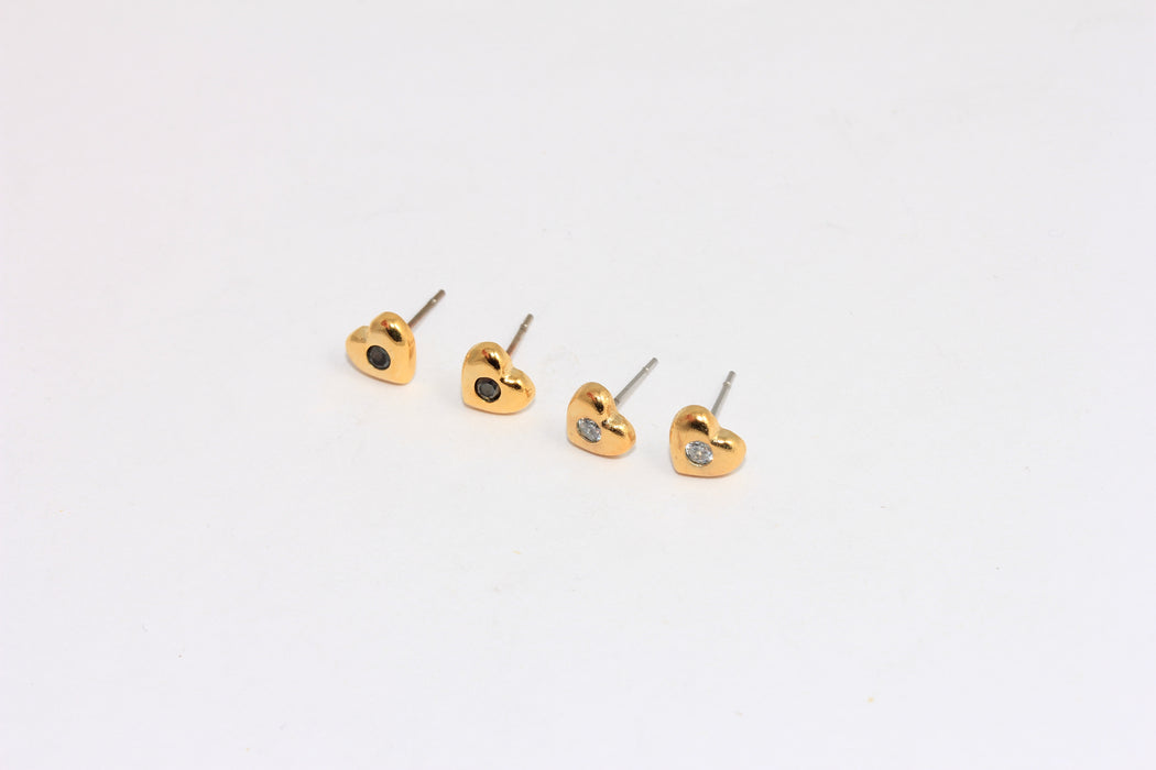 6x7mm Shiny Gold Heart Earrings, Micro Pave Heart Studs, CZ Optional Stone Color Earrings,
