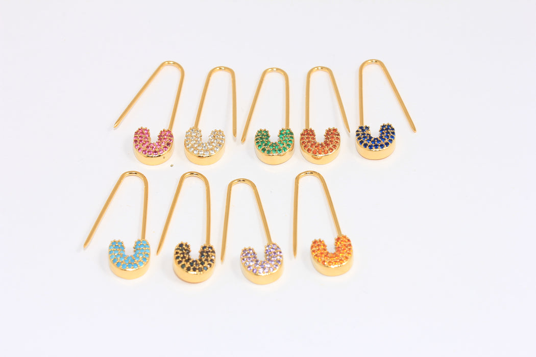 10x32mm 24k Shiny Gold Safety Pin Earrings, CZ Micro Pave Pin Earrings, Safety Pin Pull Through Drop Earrings,