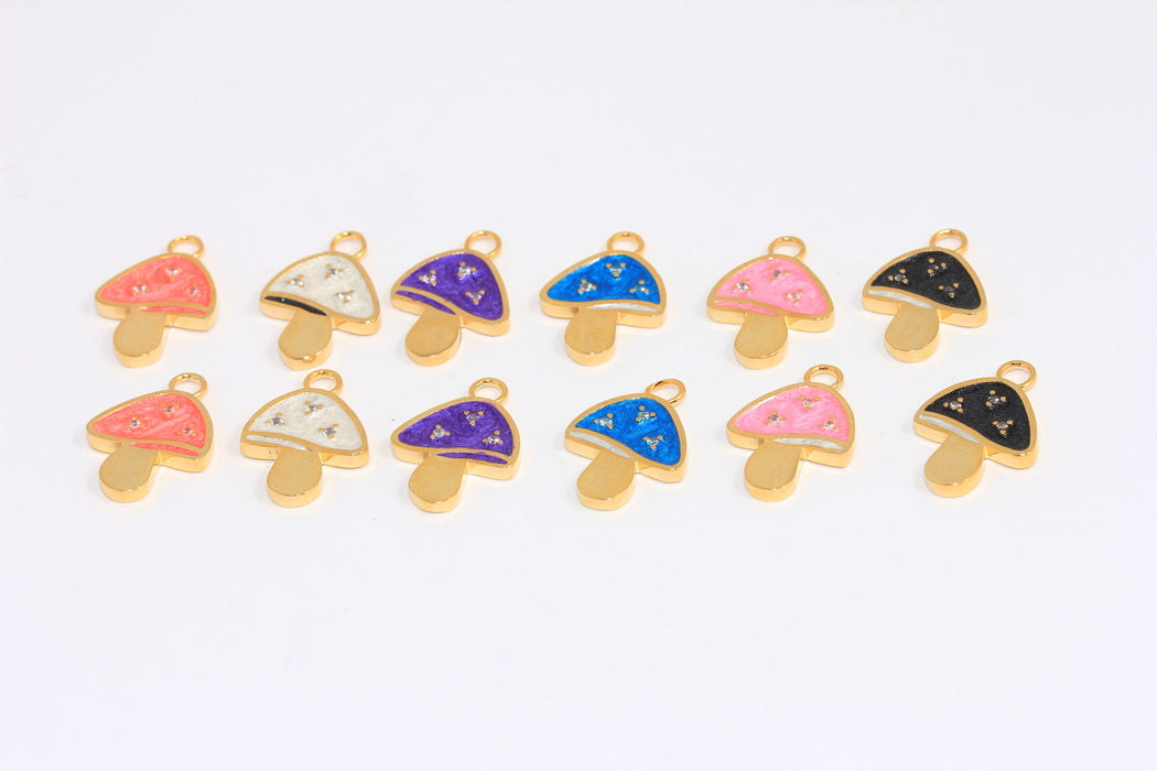 13x14mm 24k Shiny Gold Mushroom Charms, CZ Mushroom Beads, Optional Enamel Color Mushroom Pendant,