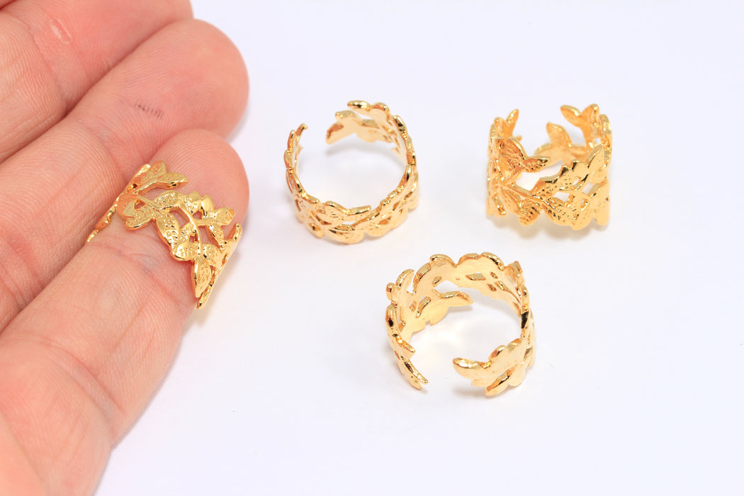 24k Shiny Gold Flower Rings, Wrapping Leaf Ring, Open Laurel Ring, EYM25