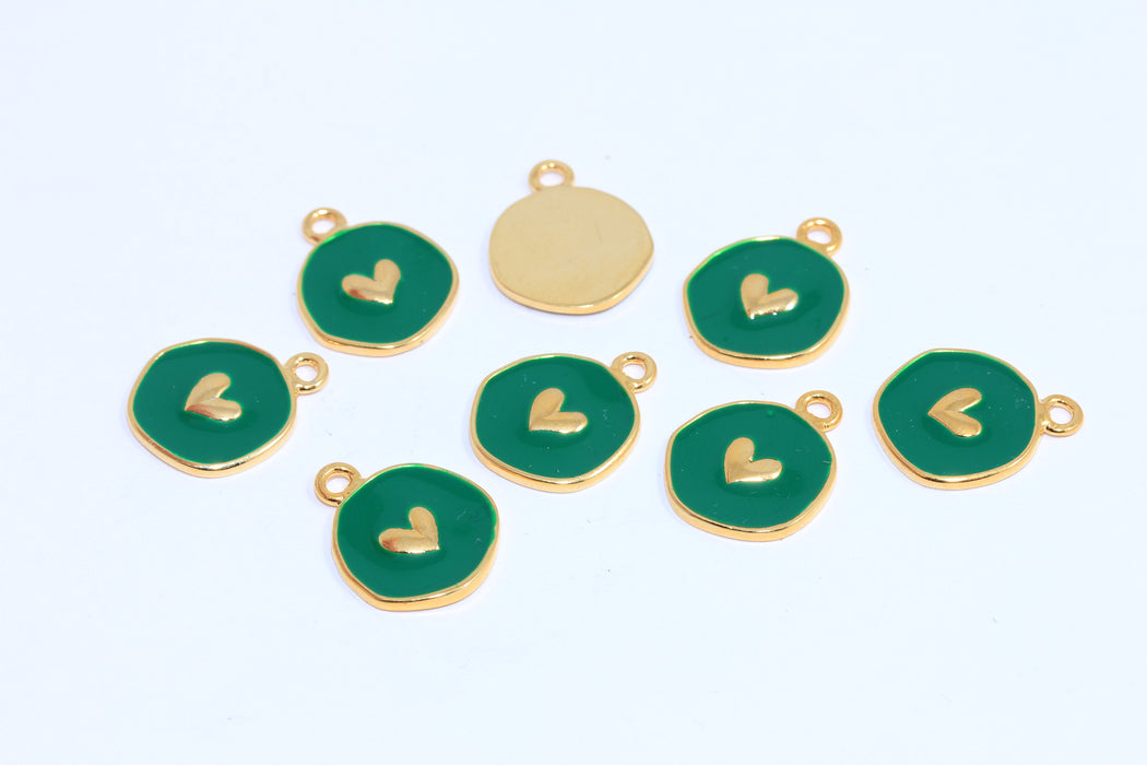 13,5mm 24k Shiny Gold Enamel Heart Charm, Green Enamel Color Heart Coin Beads, BRT217