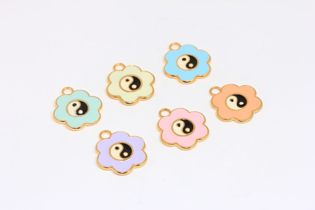19x21mm 24k Shiny Gold Flower Charms, Yin Yang Charms, Optional Enamel Color Flower Pendant,