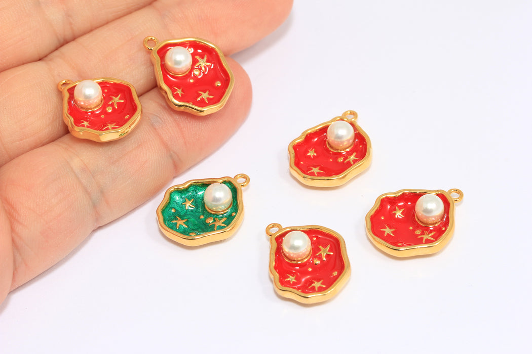 15x17mm 24k Shiny Gold Sea Shell Charm, Enamel Seashell Charm, Pearl In Shell Pendant, CHK93-6A