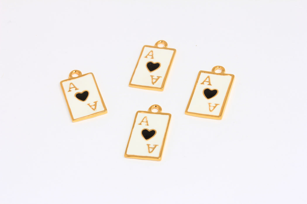 12x19mm 24k Shiny Gold Poker Player Charms, White Enamel Heart Poker Charm, CHK101-8