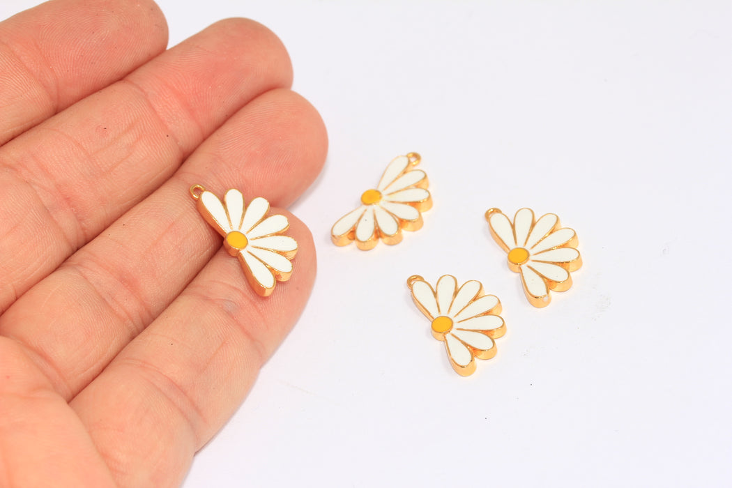 11x21mm 24k Shiny Gold Daisy Charms, Tiny Daisy Flower Pendant, White Enamel Daisy Beads, XP240-2