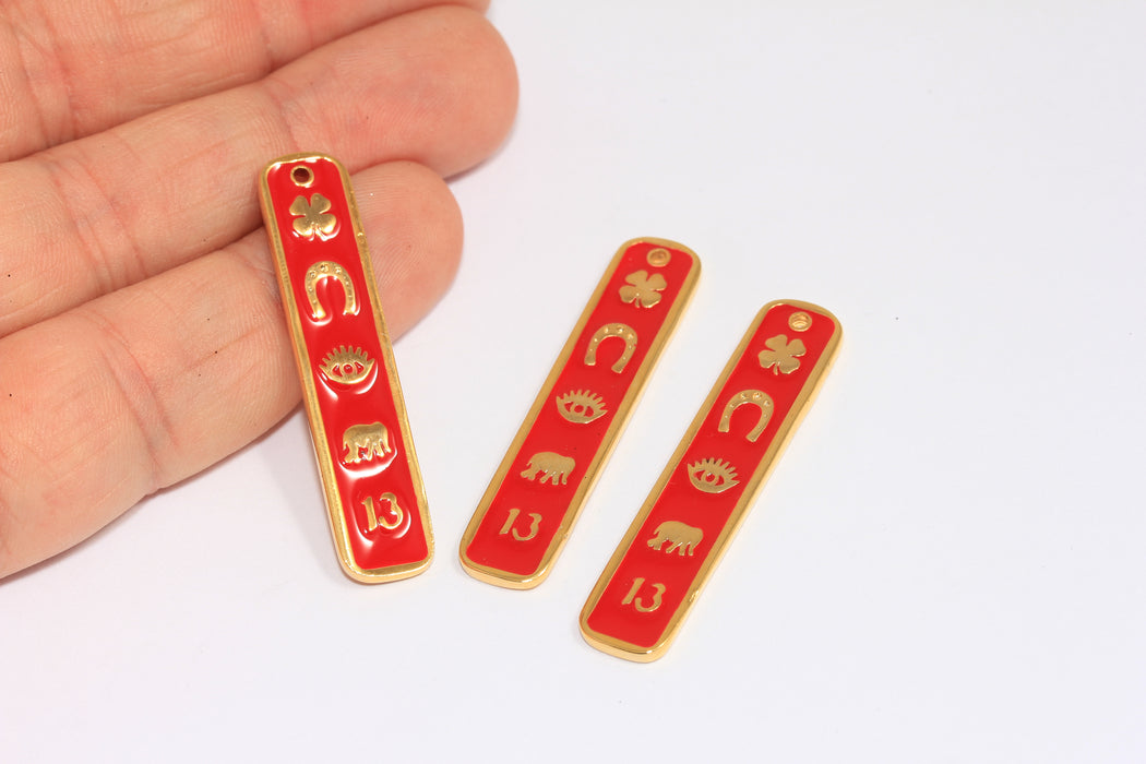8x44mm 24k Shiny Gold Bar Charms, Red Enamel Lucky Charm, Tarot Bar Charms, XP116-2