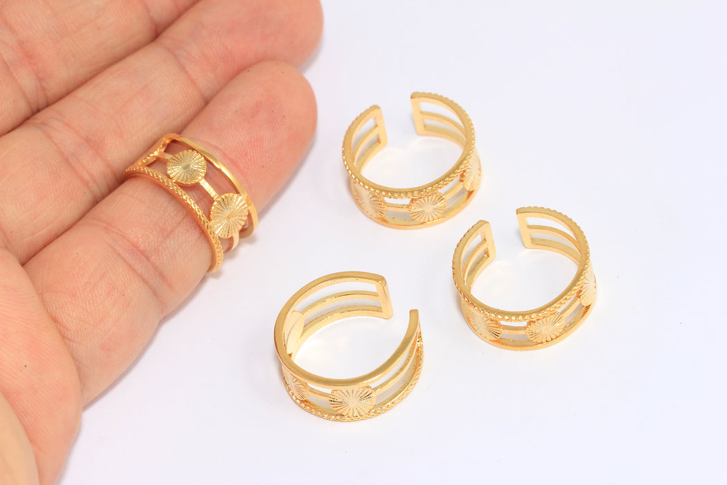16-17mm 24k Shiny Gold Ring, Double Band Cuff Style Wire Wrap Ring, Sun Coin Rings, ROSE655-2