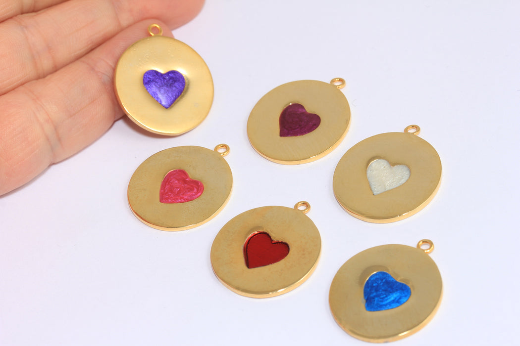 23x27mm 24k Shiny Gold Heart Medallion, Optional Enamel Color Heart Charm,