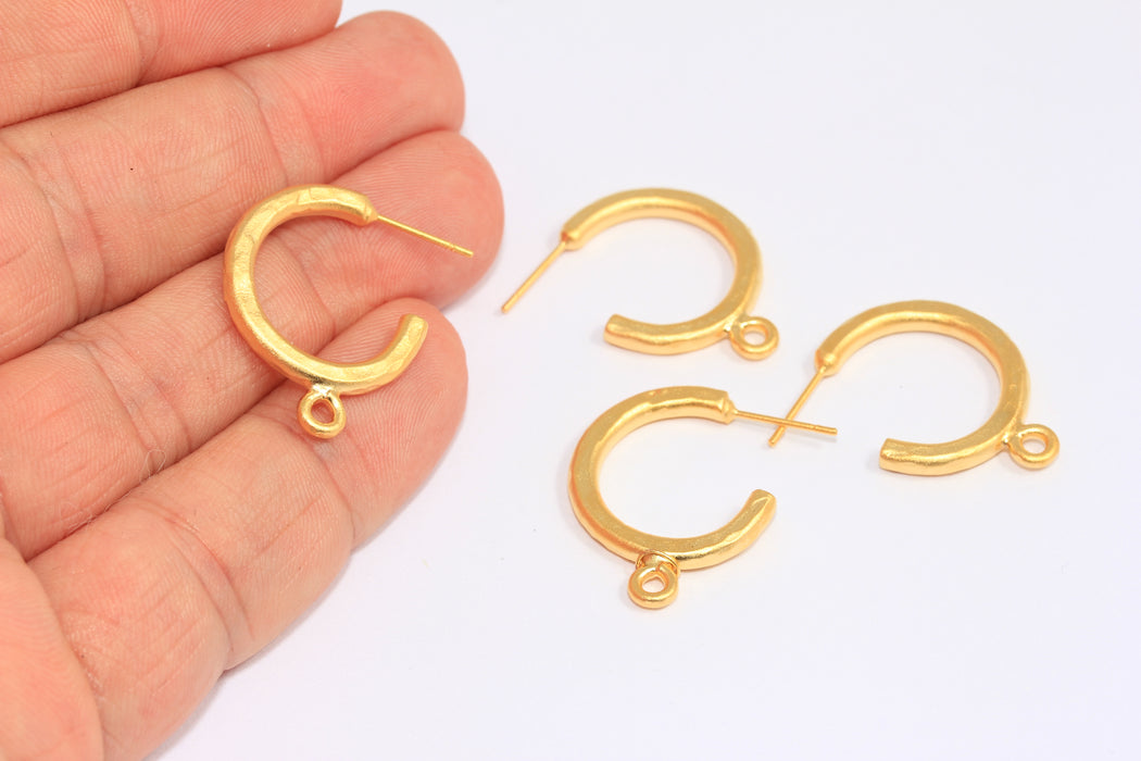 21mm 24k Matt Gold Hoop Earrings, Hammered Hoops With Loop, Charms Dangle Earrings, MGN76