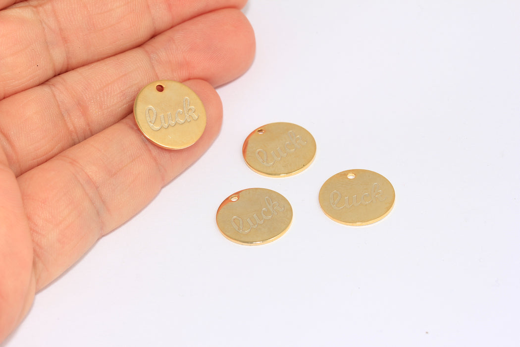 16mm 24k Shiny Gold Coin Charms, Lucky Charm, Lucky You Disc Pendant, Engraved Charms, MLS978