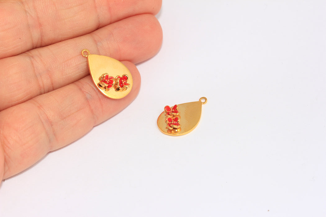 13x21mm 24k Shiny Gold Flower Medallion, Teardrop Medallion Necklace, Red Enamel Flower Charms, CMR29
