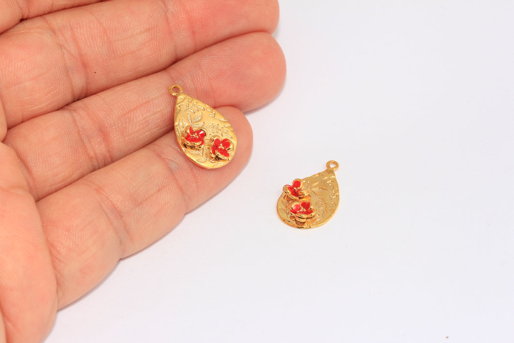 13x21mm 24k Shiny Gold Flower Medallion, Teardrop Medallion Necklace, Red Enamel Flower Charms, CMR9