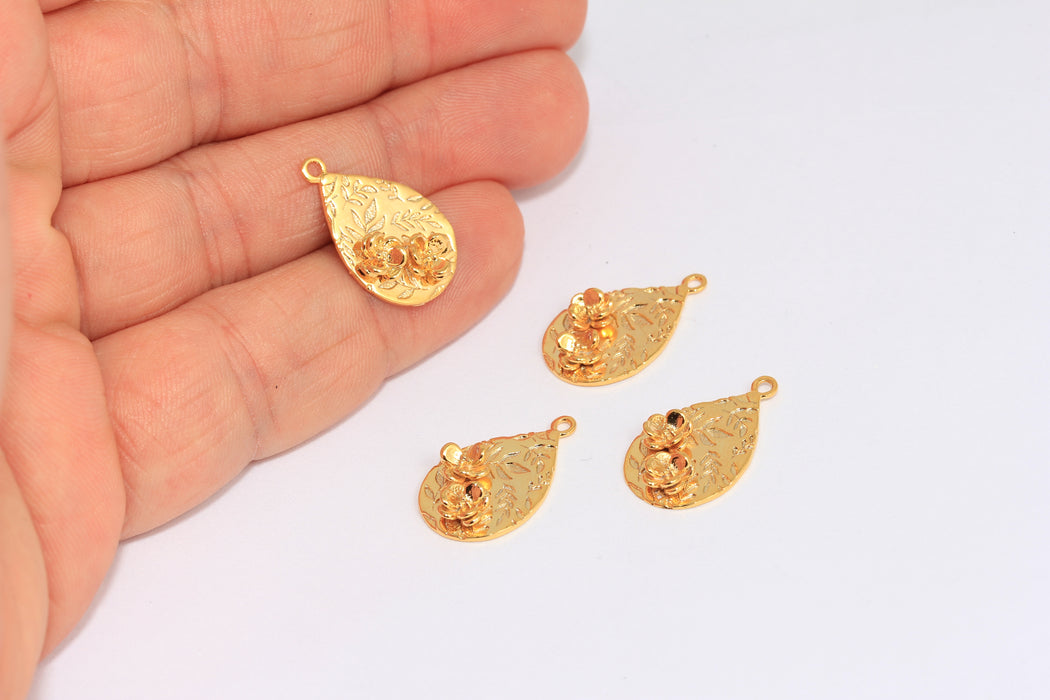 13x21mm 24k Shiny Gold Flower Medallion, Gold Rose Teardrop Medallion Necklace, XP558