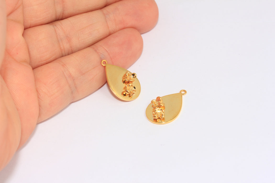 13x21mm 24k Shiny Gold Flower Medallion, Gold Rose Teardrop Medallion Necklace, XP475
