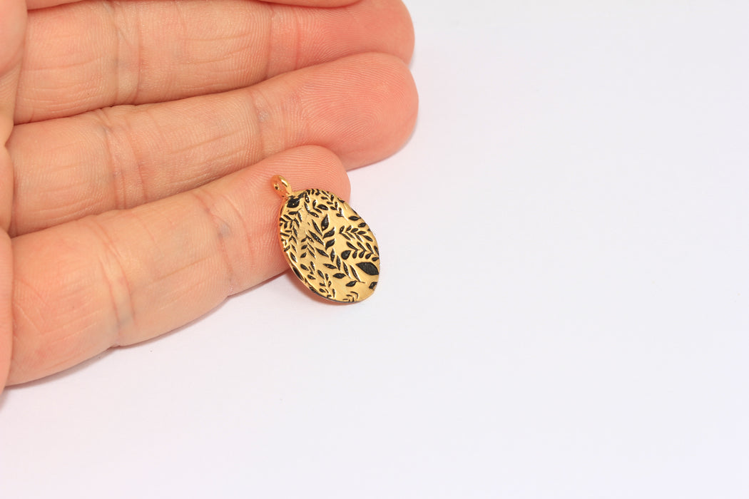 14x18mm 24k Shiny Gold Leaf Charms, Black Enamel Leaf Medallion, BRT707