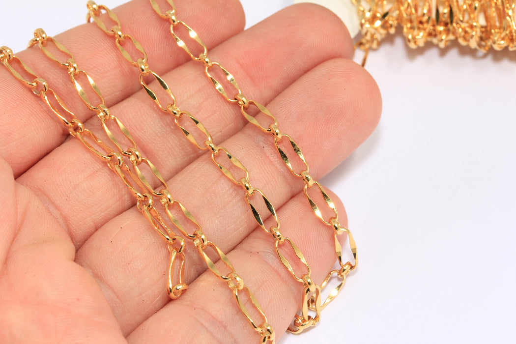 4x9mm 24k Shiny Gold Link Chain, Gold Bar Chain, Oval Link Chain, BXB245-6