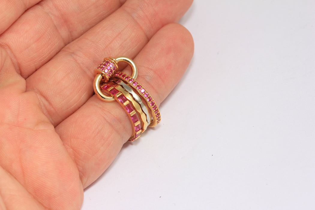24k Shiny Gold CZ Multi Link Rings, Micro Pave Ring With Screw Clasp, CZ Pink Stone Layered Rings,