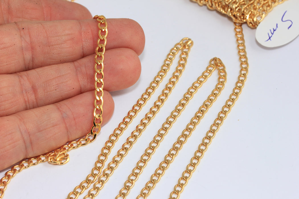3,9mm 24k Shiny Gold Plated Faceted Chain, Curb Chain, Bulk Lot Chain, Strong Curb Chain, BXB183-7