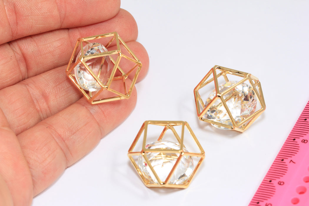 20mm 24k Shiny Gold CZ Open Cube Charm, 3D Cube Charms, Prism Charms With Stone, BRT278