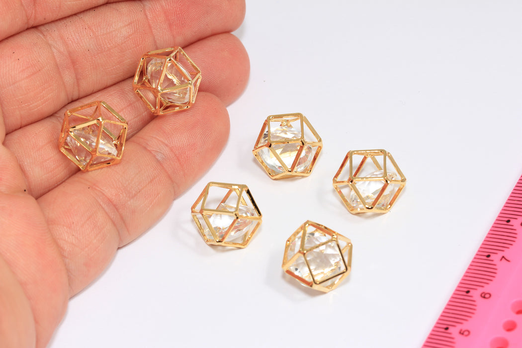 12mm 24k Shiny Gold CZ Open Cube Charm, 3D Cube Charms, Prism Charms With Stone, BRT155