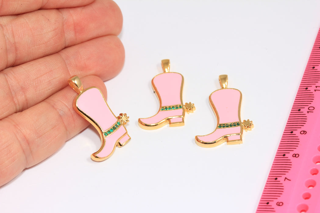 12x20mm 24k Shiny Gold CZ Boot Charms, Light Pink Enamel Cowboy Boots Pendant, Micro Pave Boot Charms, ROSE372