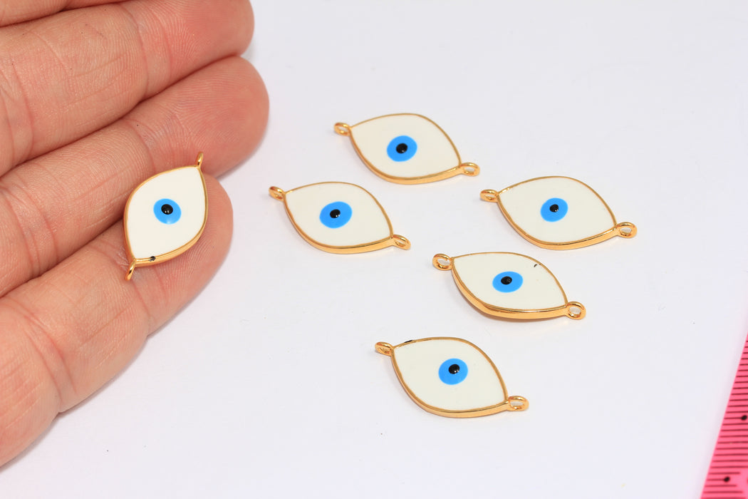 11,5x25mm 24k Shiny Gold Evil Eye Connector Charms, White Enamel Evil Eye Charms, MLS317