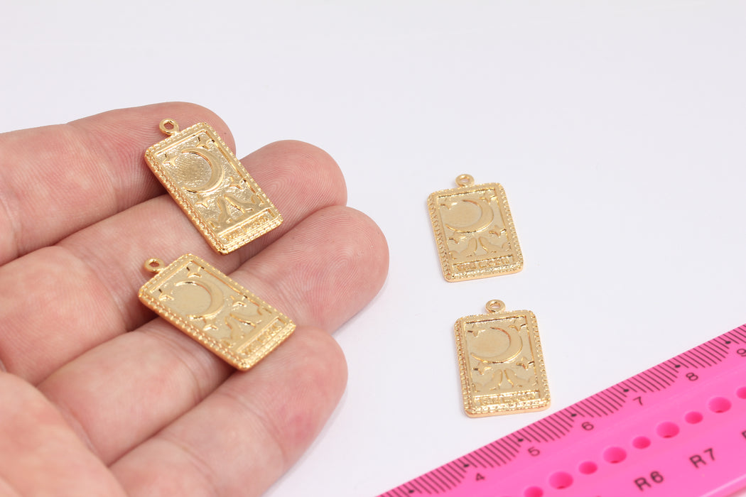 Ciondolo a forma di luna quadrata in oro lucido 24k da 14x28 mm, ciondolo in oro, ciondolo a forma di stelle della luna notturna, collana, ciondoli con cornice quadrata, componenti placcati in oro, ROSE54