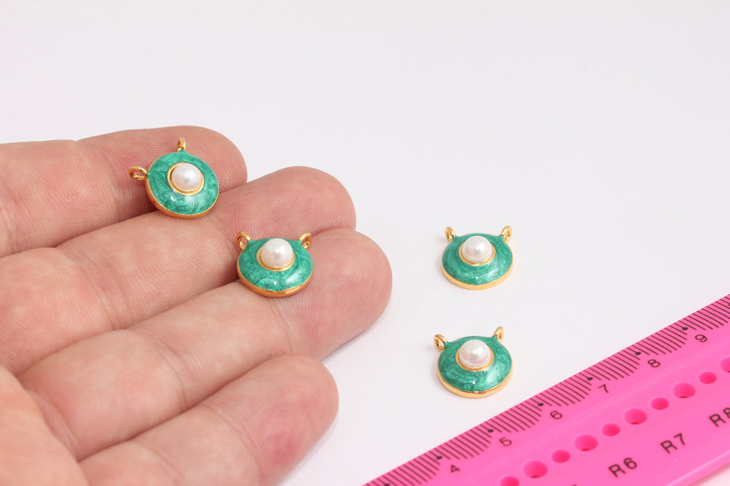 13x14mm 24k Shiny Gold Pearl Pendant, Pearl Necklace, Green Enamel Round Pendant, Pearl Pendant Necklace, Dainty Pendant, ROSE5-1