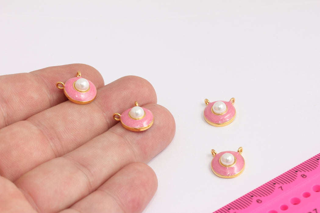 13x14mm 24k Shiny Gold Pearl Pendant, Pearl Necklace, Pink Enamel Round Pendant, Pearl Pendant Necklace, Dainty Pendant, ROSE5-2