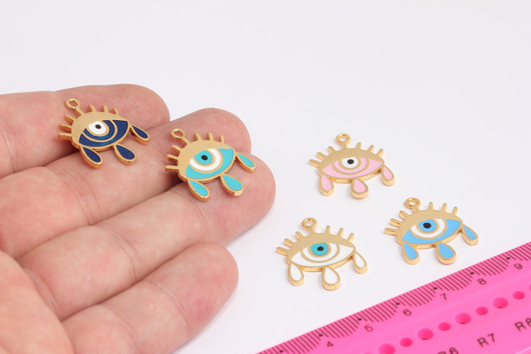 20x24mm 24k Shiny Gold Evil Eye Tears, Evil Eye Charms, Evil Eye Pendant, Dainty Evil Eye Necklace, Pink Enamel Evil Eye, ROSE151-5