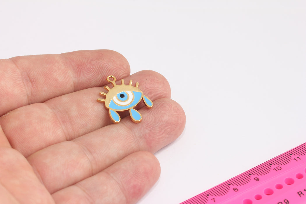 20x24mm 24k Shiny Gold Evil Eye Tears, Evil Eye Charms, Evil Eye Pendant, Dainty Evil Eye Necklace, Blue Enamel Evil Eye, ROSE151-1
