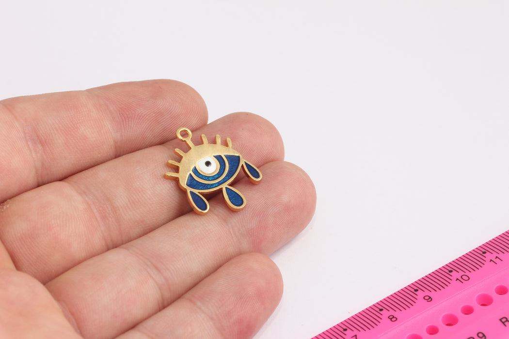 20x24mm 24k Shiny Gold Evil Eye Tears, Evil Eye Charms, Evil Eye Pendant, Dainty Evil Eye Necklace, Navy Blue Enamel Evil Eye, ROSE151-3