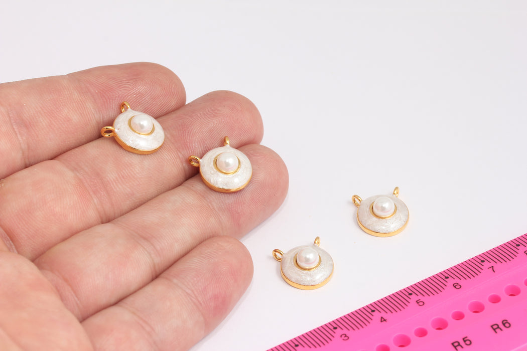 13x14mm 24k Shiny Gold Pearl Pendant, Pearl Necklace, White Enamel Round Pendant, Pearl Pendant Necklace, Dainty Pendant, ROSE93-1