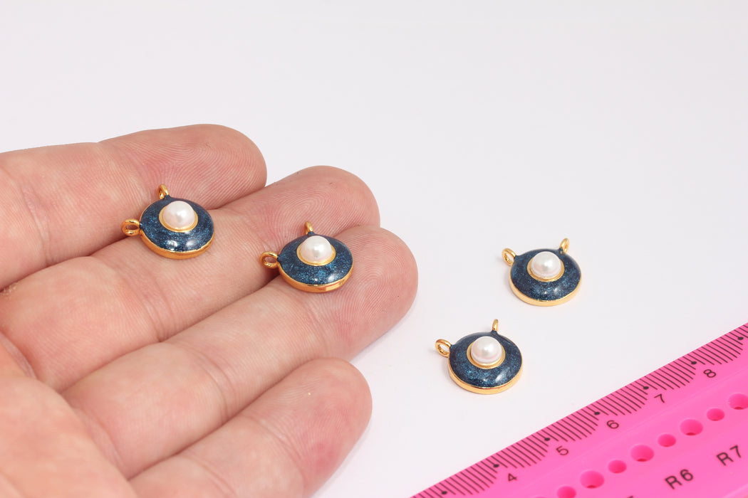13x14mm 24k Shiny Gold Pearl Pendant, Pearl Necklace, Navy Blue Enamel Round Pendant, Pearl Pendant Necklace, Dainty Pendant, ROSE93-2