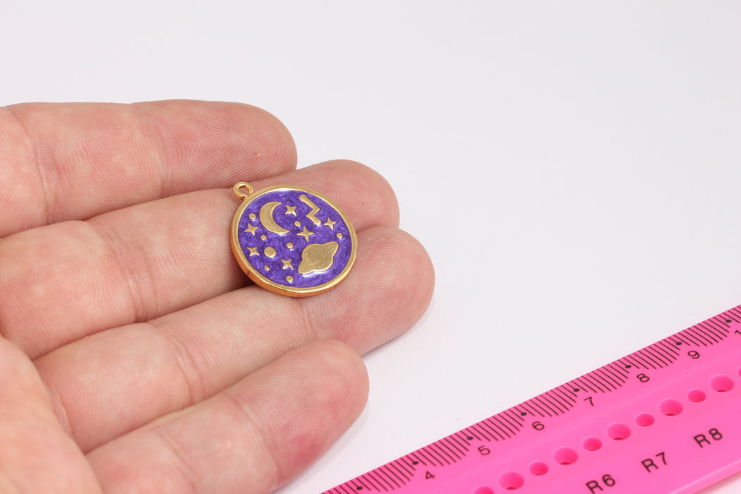 21x24mm 24k Shiny Gold Saturn, Planet Medallion, Space Necklace, Sky Moon and Star, Saturn Necklace, Purple Enamel, Gold Findings, AG33-1