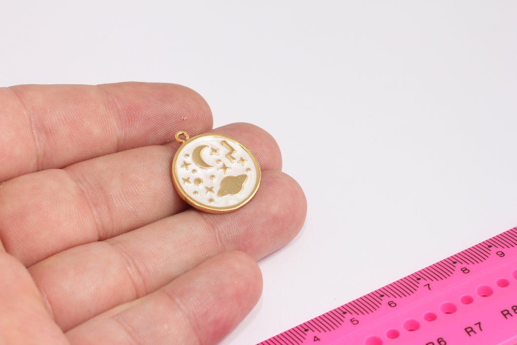 21x24mm 24k Shiny Gold Saturn, Planet Medallion, Space Necklace, Sky Moon and Star, Saturn Necklace, White Enamel, Gold Findings, AG33-2