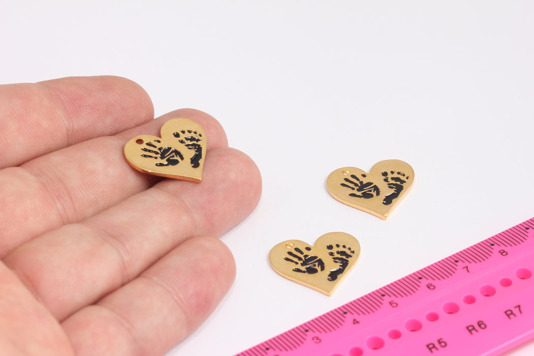 19x21mm 24k Shiny Gold Hand and Footprint Heart, Gold Heart Charms, Signet Pendant, Dainty Heart Charms, Gold Plated Findings, ROSE143-1