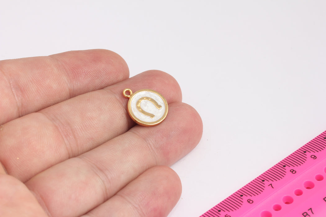 14x17mm 24k Shiny Gold Horseshoe Charms, Horseshoe Disc Pendant,White Enamel, Gold Pendant, Disc Pendant, Gold Plated Findings, ROSE175-1