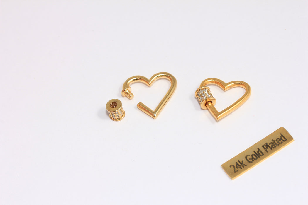 19x20mm 24k Shiny Gold Heart Screw Clasp, Micro Pave Opening Clasp, White Stone Heart Pendant, ROSE318