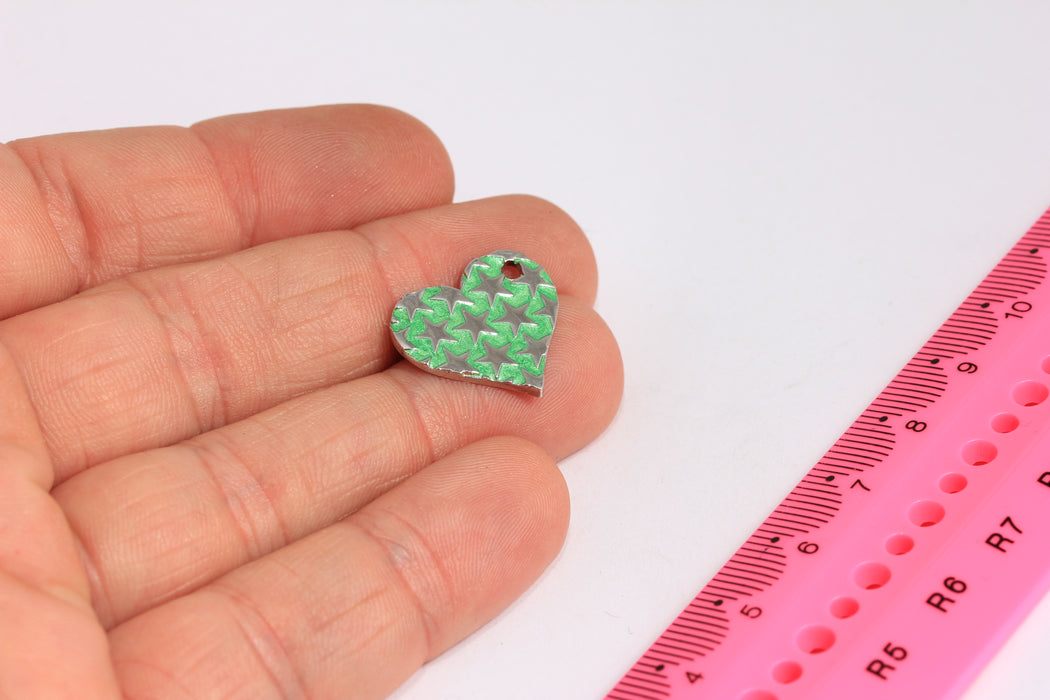 Cuore a stella placcato rodio 17x19 mm, ciondolo a forma di cuore con stelle, stelle a forma di cuore smaltate, ciondolo per collana a forma di cuore in argento, componenti in argento, ROSE4-2