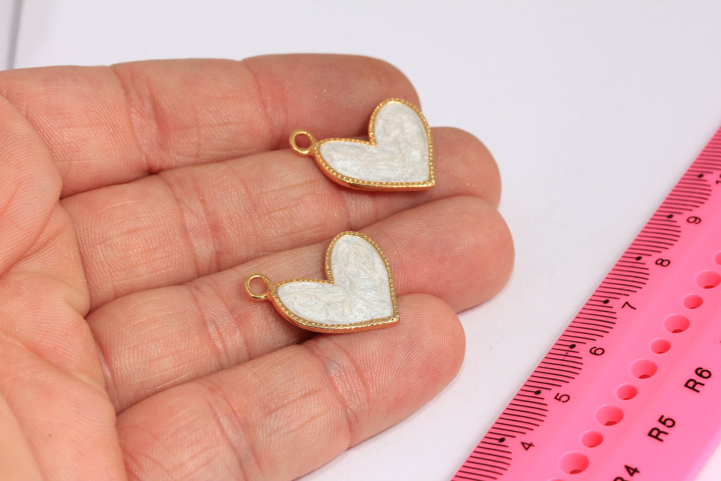 20mm 24k Shiny Gold Heart Charms, Love Necklace, Asymmetric Heart Charm, White Enamel Heart, Gold Plated Findings, ROSE8