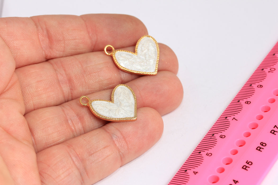20mm 24k Shiny Gold Heart Charms, Love Necklace, Asymmetric Heart Charm, White Enamel Heart, Gold Plated Findings, ROSE8