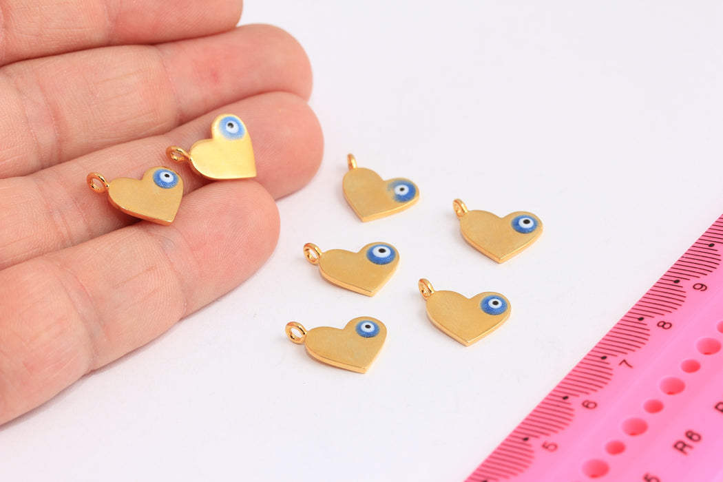 13x15mm 24 ayar parlak altın nazar boncuğu kalp, aşk kolyesi, mineli nazar boncuğu, kalp kolye ucu, altın kaplama bulgular, ROSE474